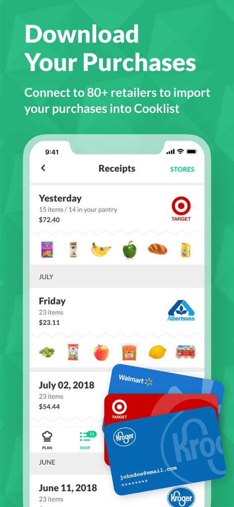Cooklist: Pantry Meals Recipes - Smartphone screen showing grocery receipts from Target and Albertsons and digital loyalty cards for Walmart and Kroger