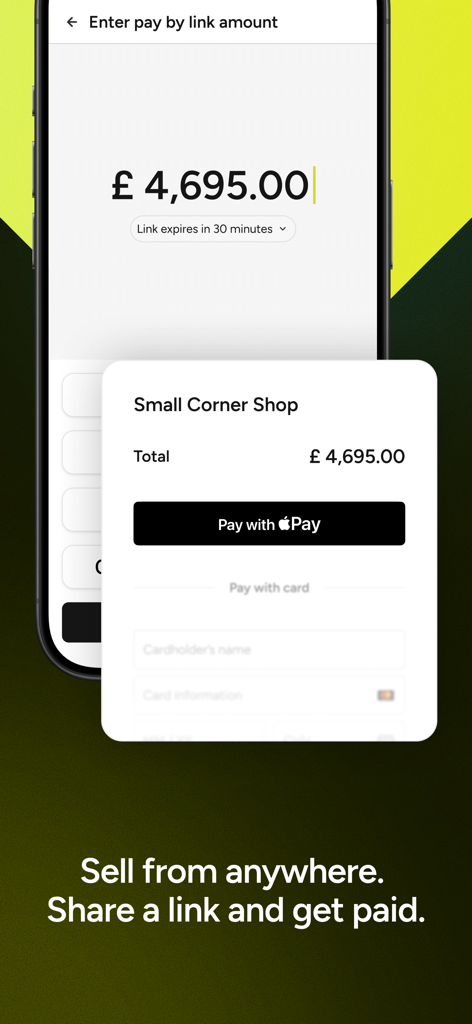 Teya mobile app interface showing a payment link request and Apple Pay checkout option for a small business.
