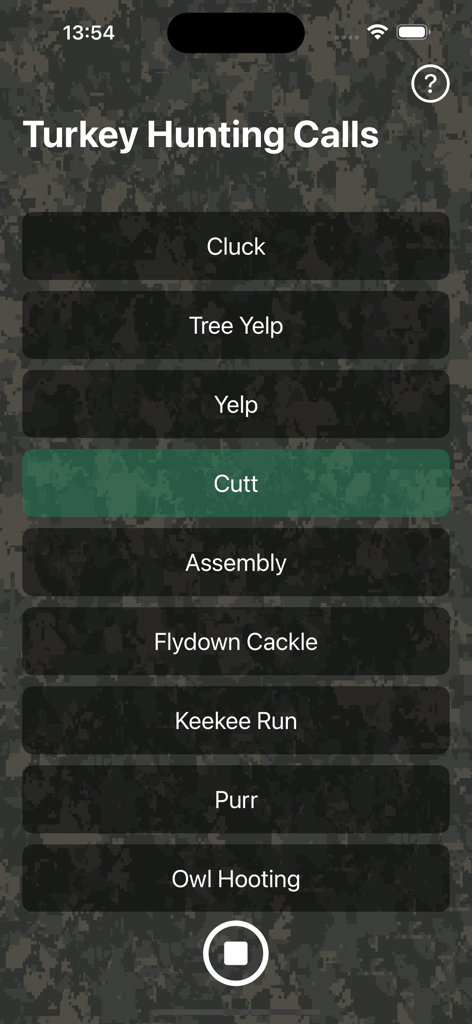 Turkey Hunting Calls - Main interface of the Turkey Hunting Calls app with various sound options over a camouflage background.