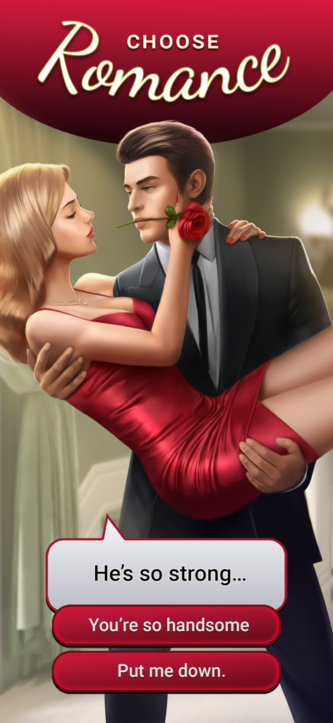Perfect Choice: Romance Games - A man in a suit carries a woman in a red dress while holding a rose in his mouth, featuring interactive story dialogue choices.
