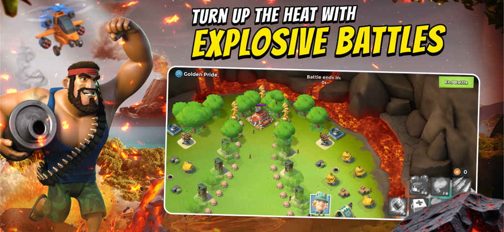 Jugabilidad de Boom Beach con defensa táctica de bases insulares y combate explosivo