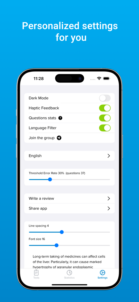 Krok: Testing - Settings menu of the Krok Testing app showing personalized study options for medical students