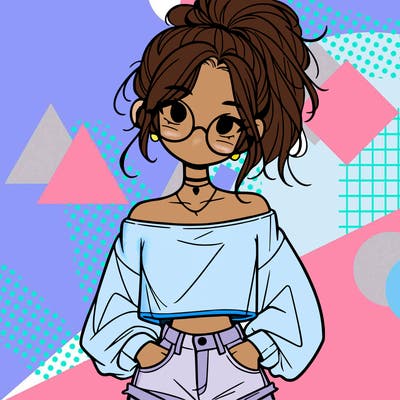 girl with a messy ponytail glasses a baggy crop top and jean shorts