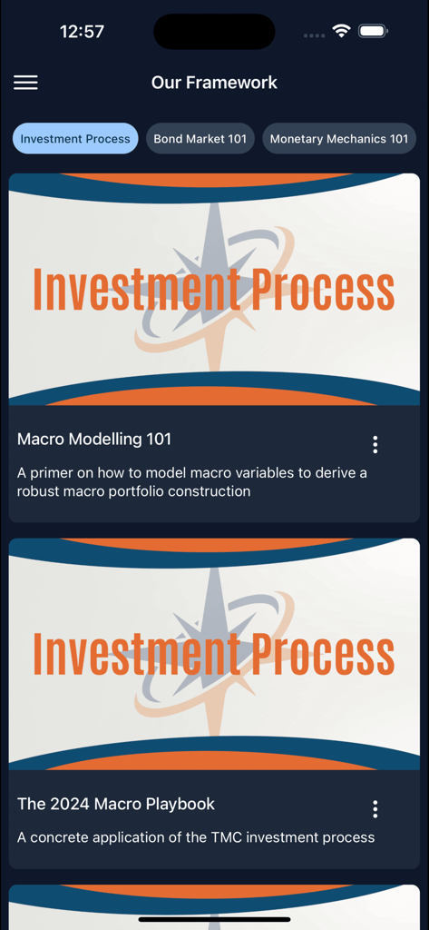 The Macro Compass - The Macro Compass app interface showing the investment framework screen with macro modelling and strategy playbook modules.