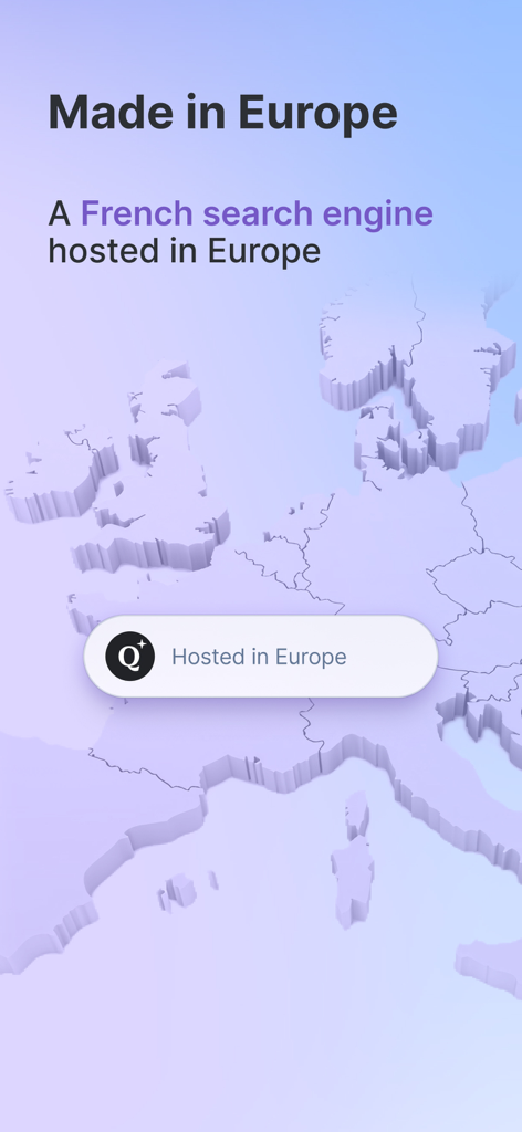 Grafik, die Qwant als französische Suchmaschine mit Sitz in Europa auf einem 3D-Kartenhintergrund zeigt.
