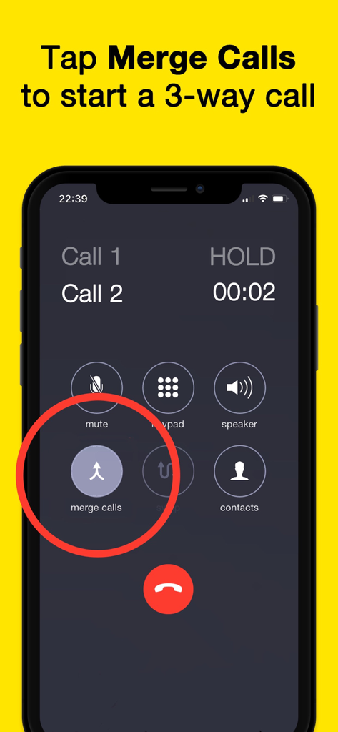 Una captura de pantalla que muestra la interfaz de un iPhone con un círculo rojo resaltando el botón de fusionar llamadas para grabar llamadas telefónicas.