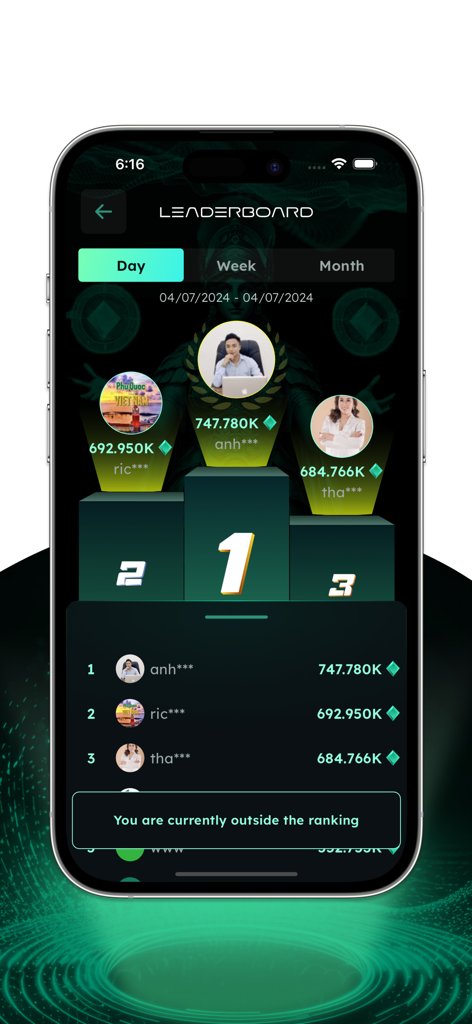 Athene Network - Quadro de líderes do aplicativo Athene Network mostrando os melhores rankings diários e recompensas dos usuários