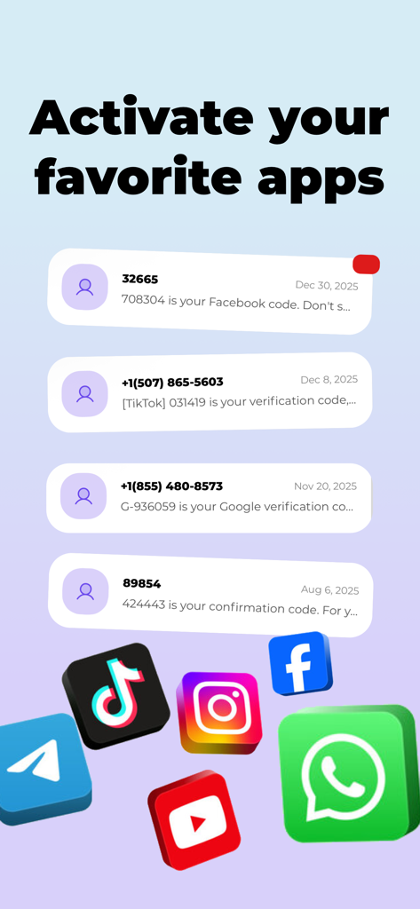 Marketing graphic for SLYNUMBER showing verification codes from Facebook TikTok and Google to activate social media apps.