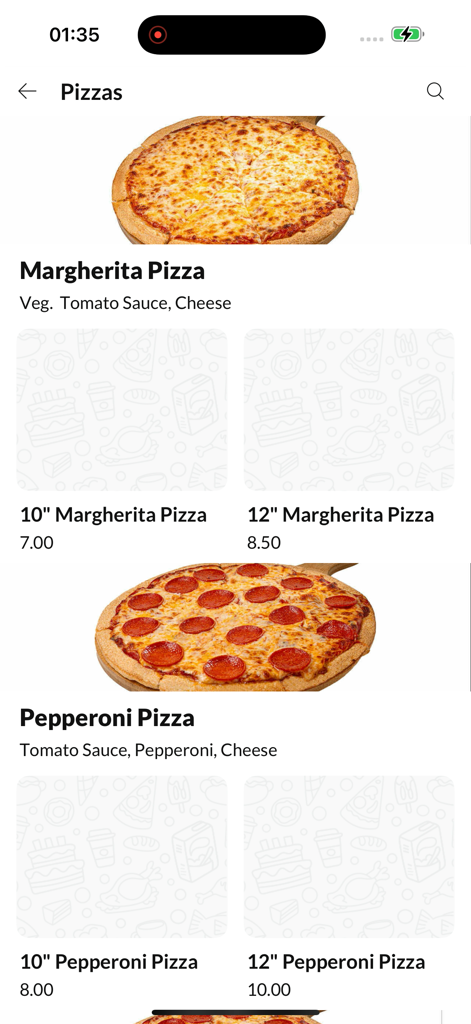 SAHARA PIZZA. - Interface do aplicativo móvel Sahara Pizza mostrando opções de menu para pizzas Margherita e Pepperoni com detalhes de tamanho e preço.