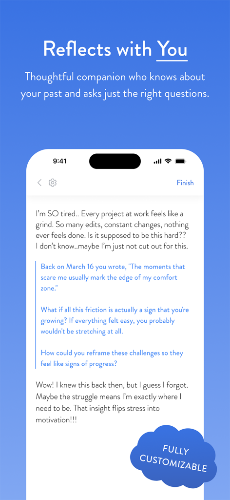 Interface of Mindsera app showing AI reflecting on past journal entries to provide personalized insights