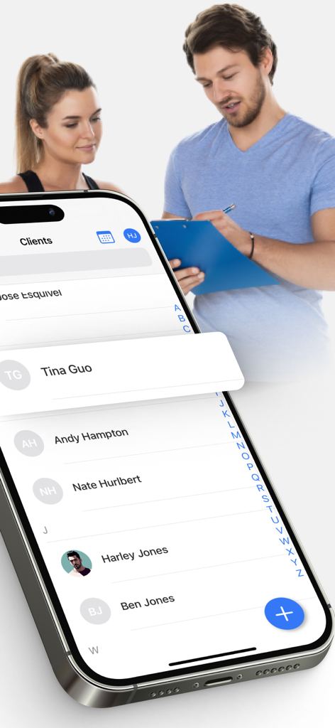 PT Sessions app interface showing a list of fitness clients with a personal trainer background