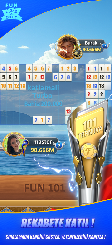 Fun 101 Okey - Play Win Online - Una captura de pantalla del juego Fun 101 Okey que presenta una partida turbo con fichas numeradas y un trofeo de torneo dorado