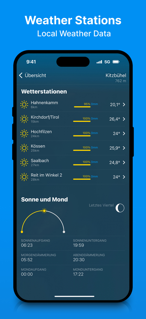 Interface do aplicativo bergfex mostrando estações meteorológicas locais com temperaturas e dados do ciclo do sol e da lua para regiões alpinas