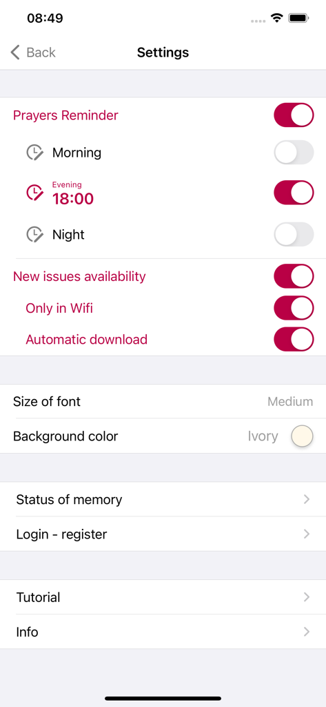 Interfaz de configuración de Magnificat Edición en Inglés que muestra recordatorios de oración y personalización de texto