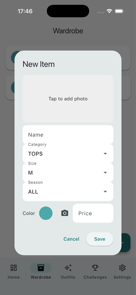 A mobile app interface for adding a new clothing item to a digital wardrobe with fields for name category and size