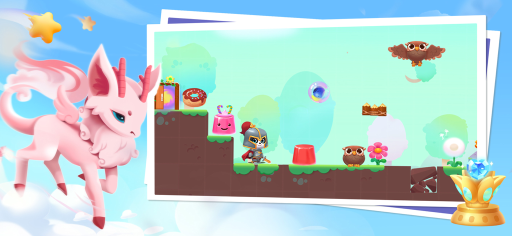 Baby Panda's City - A panda knight character explores a colorful fantasy platformer level in Baby Panda's City app.