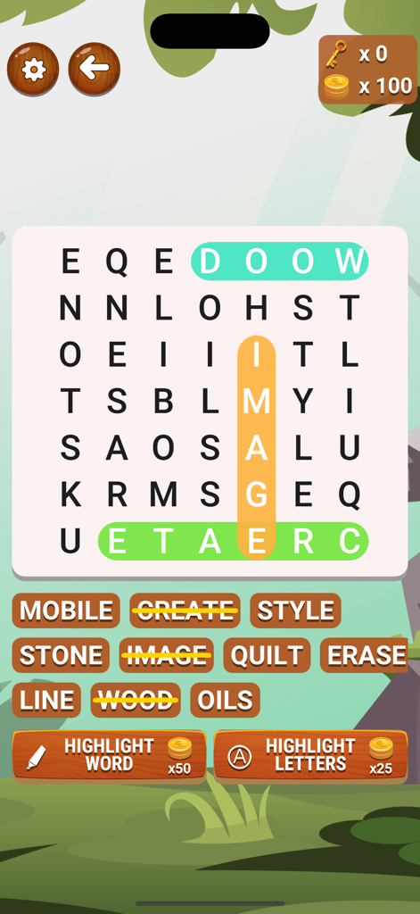 Word Hunt - Search - Interfaz de juego de sopas de letras mostrando una cuadrícula de letras con palabras resaltadas y una lista de palabras objetivo debajo