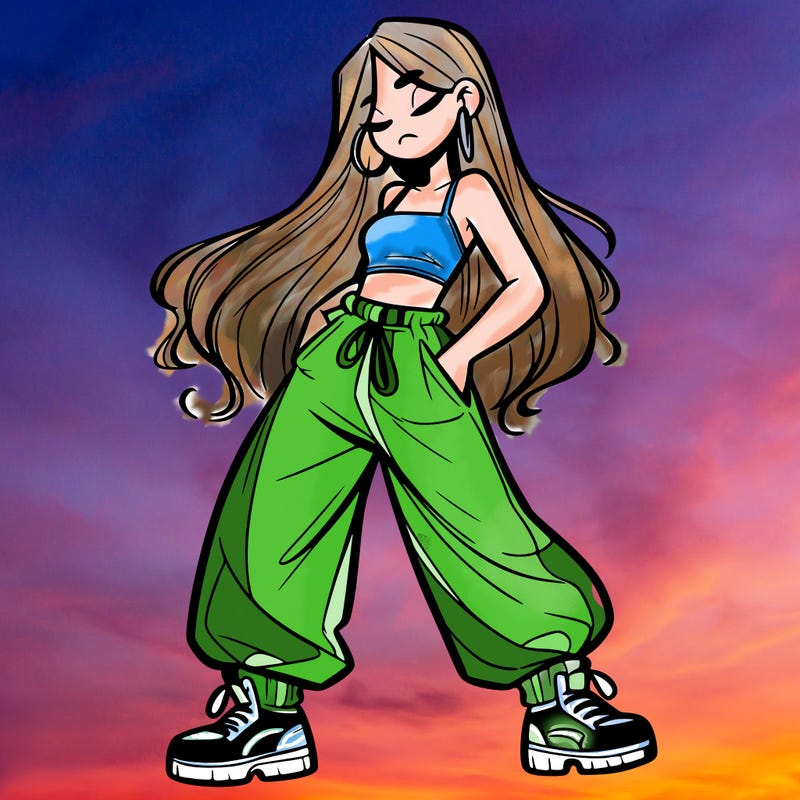 girl in baggy pants crop top and long hair