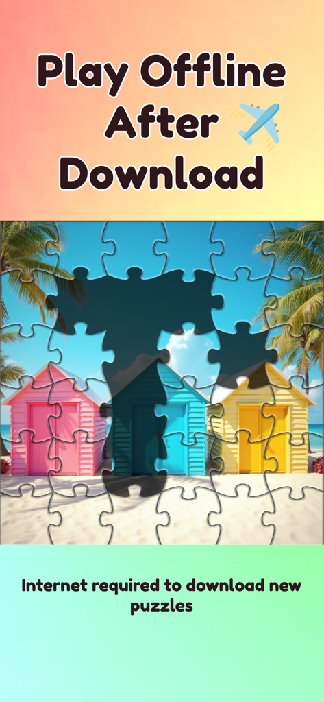Jigsaw Puzzle & Brain Games - A jigsaw puzzle featuring colorful beach houses with a caption about playing offline.