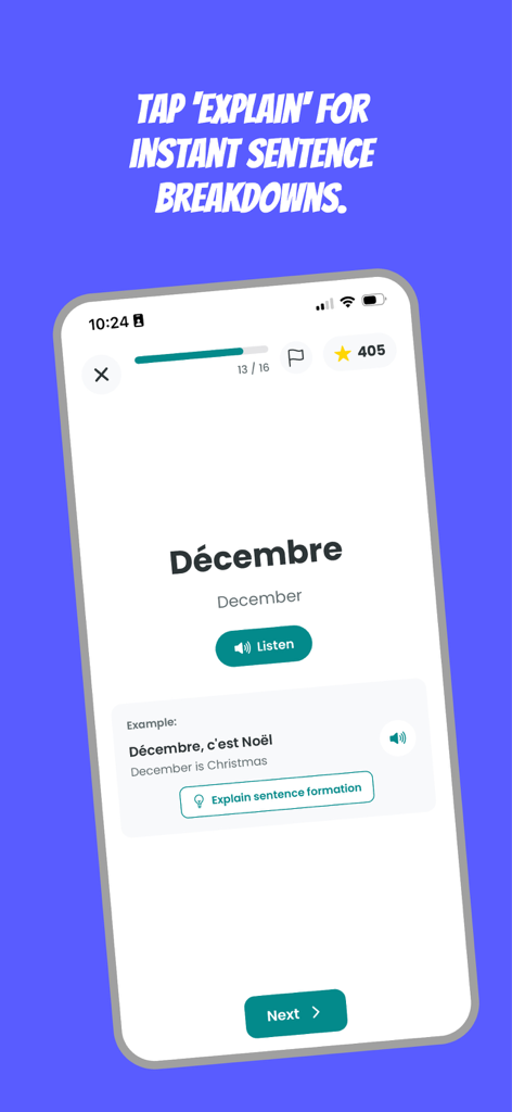 Frenchico - Learn French Fast - Frenchico mobile app interface showing AI sentence explanation feature
