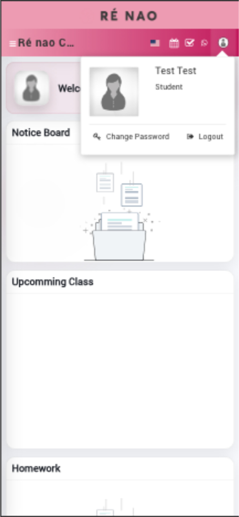 Ré nao Platform 언어 학습 앱의 학생 대시보드 및 프로필 메뉴