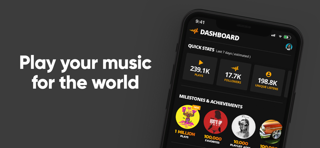 Audiomack Creator-Upload Music - Audiomack Creator 모바일 앱 인터페이스, 아티스트 대시보드에 음악 재생 수, 팔로워, 마일스톤 표시