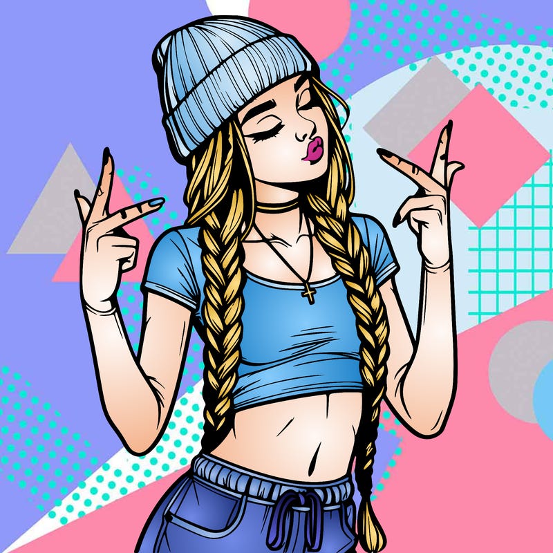 realistic teenage girl with braids and a beanie and crop top doing 🫶🏼