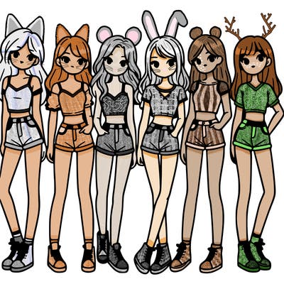 a group of girls wearing crop tops and shorts