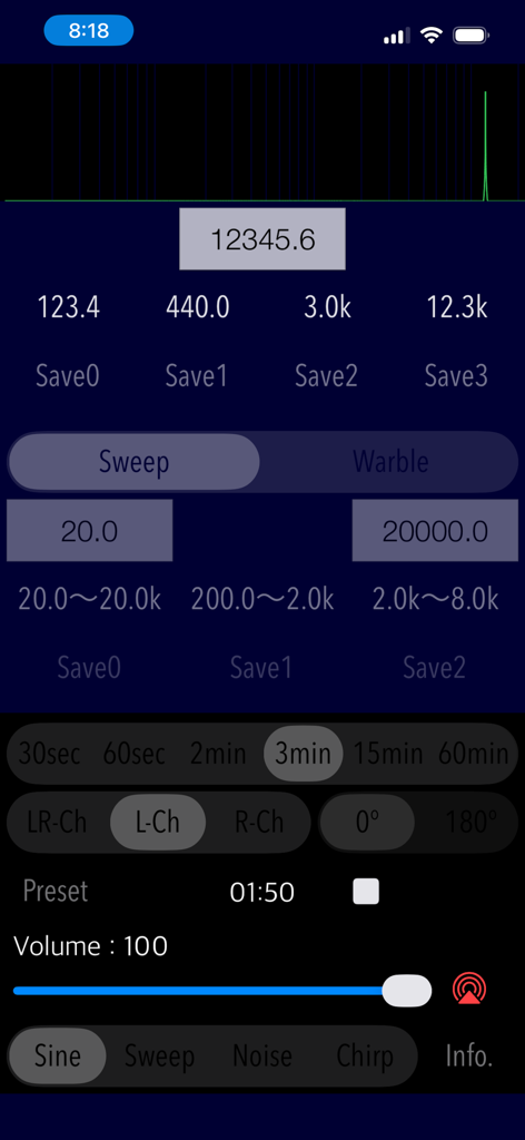 Benutzeroberfläche von Audio Tone Generator Plus mit Frequenzreglern und Welleneinstellungen
