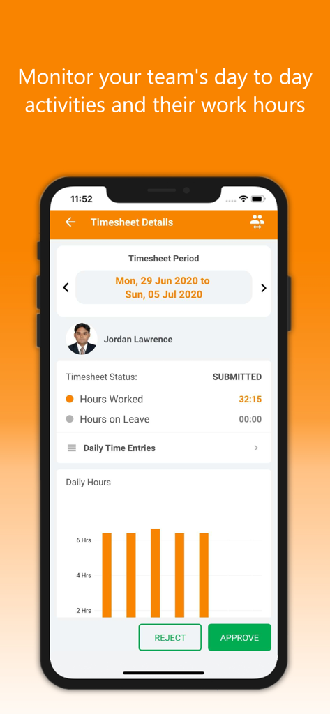 OrangeHRM Advanced - A manager view in OrangeHRM Advanced app showing an employee timesheet with options to approve or reject worked hours.