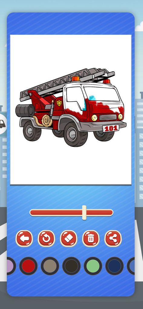 Magic cars coloring book game - Un camion dei pompieri rosso che viene colorato in un'app di disegno digitale per bambini
