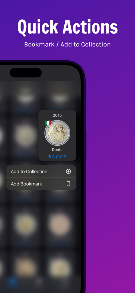2 Euro - A mobile interface for the 2 Euro app showing quick actions to add a coin to a collection or bookmark it.