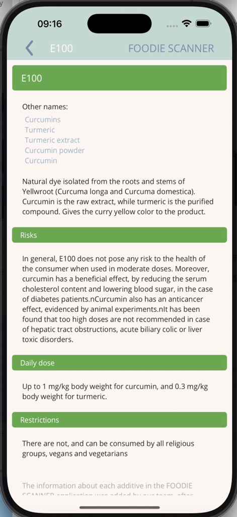 Foodie Scanner - Información detallada sobre salud y seguridad para el aditivo alimentario E100 en la aplicación Foodie Scanner