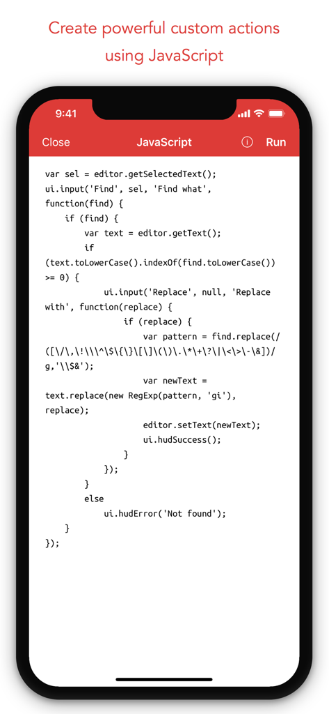 1Writer - Markdown Text Editor - 1Writer mobile app interface showing JavaScript code for creating custom text automation actions