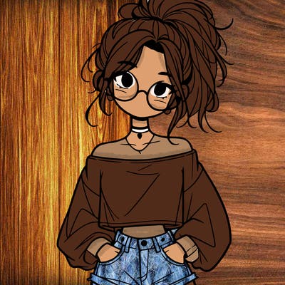 girl with a messy ponytail glasses a baggy crop top and jean shorts
