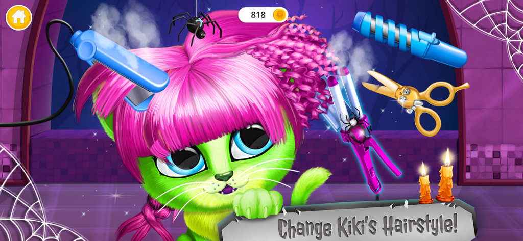 Kiki & Fifi Halloween Makeover - Styling pink hair for green cat Kiki in a Halloween pet salon game