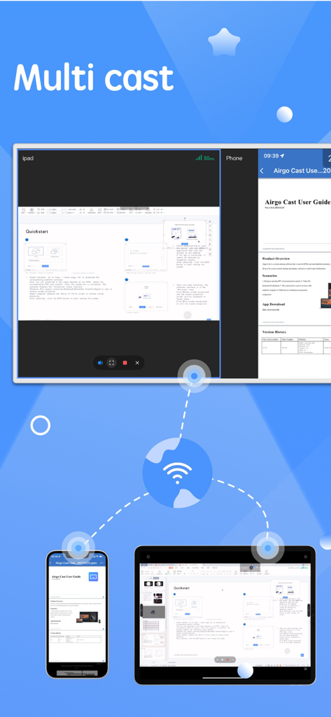 Airgo Cast app showing simultaneous wireless screen sharing from a smartphone and tablet to a large monitor