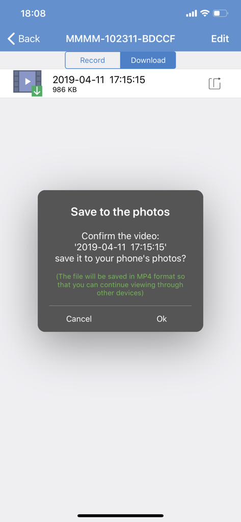 CamHi - CamHi app confirmation dialog to save a recorded security camera video to the phone