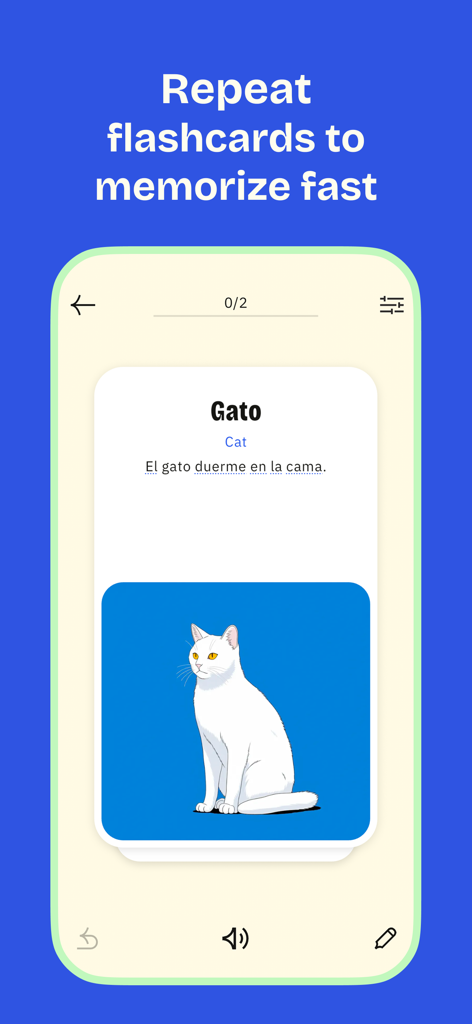 Karteto: Vocabulary Flashcards - Karteto app interface showing a Spanish flashcard for the word Gato with a cat illustration