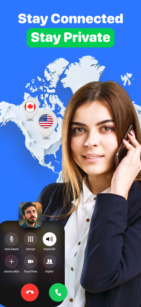 Interface do aplicativo para números de telefone secundários privados nos EUA e Canadá, com uma mulher ao telefone