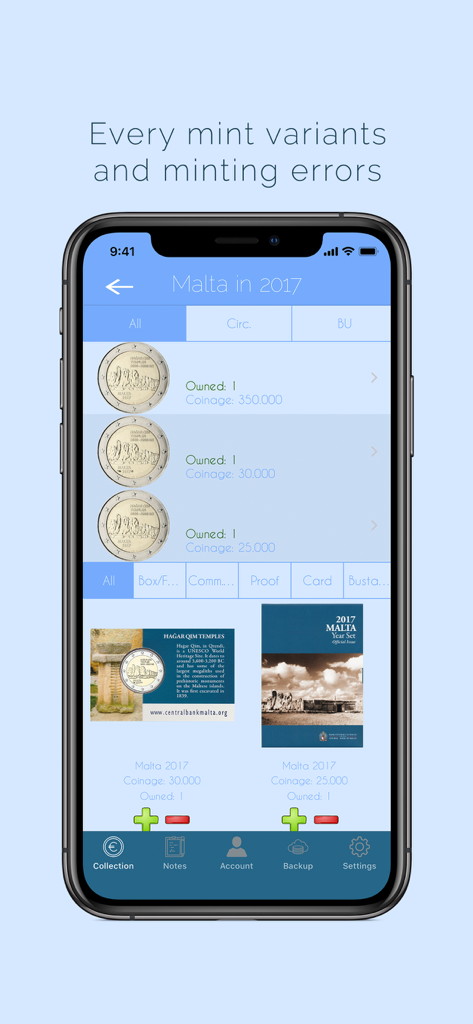 Euro Coins Album - Euro Coins Album app showing Malta 2017 coin variants and official mint sets