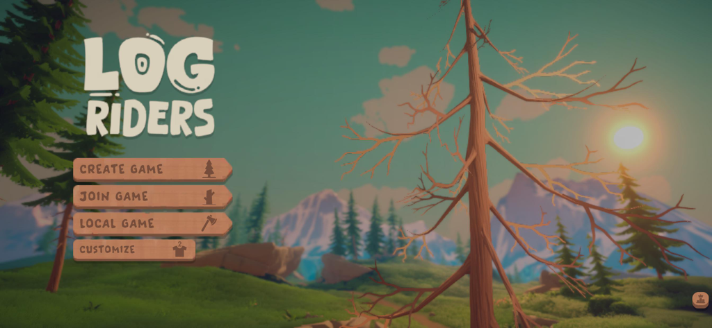 Log Riders - Log Ridersゲームのメインメニュー画面。森の夕焼けを背景に、ゲーム作成、参加、ローカルゲームのオプションが表示されている。