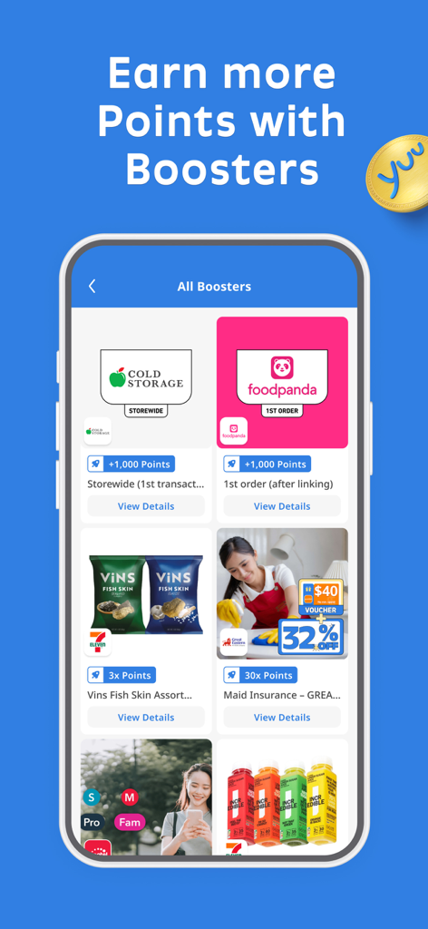 yuu SG - iPhone screen displaying point booster rewards for brands like Cold Storage and foodpanda on the yuu SG app