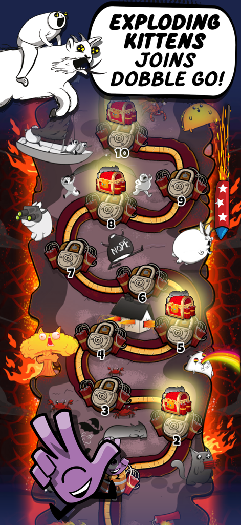 Mappa di progressione del livello per SPOT IT GO con tema di collaborazione Exploding Kittens con varie illustrazioni di personaggi.