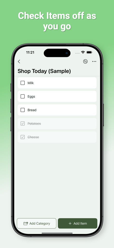 Shopping List : Shoppi - Screenshot of the Shoppi app showing a shopping list with items checked off