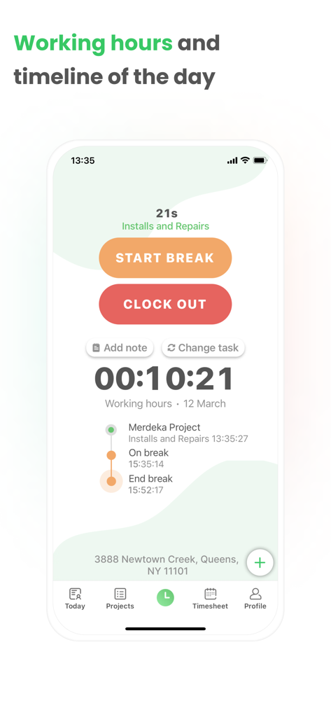 Timey – Work Management - Interface of Timey app showing working hours timer, start break and clock out buttons, and a daily activity timeline.