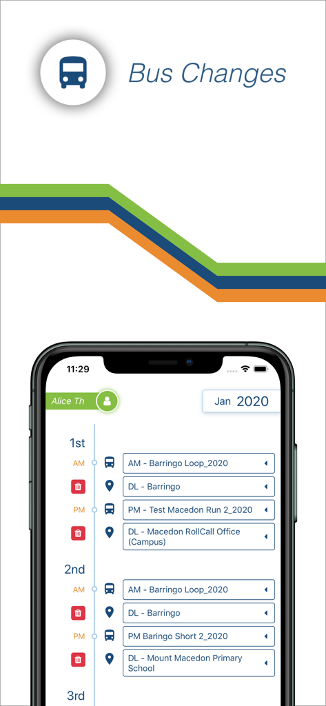 RollCall Parent - Interfaz de la aplicación RollCall Padres que muestra los cambios de ruta y horarios del autobús escolar diario