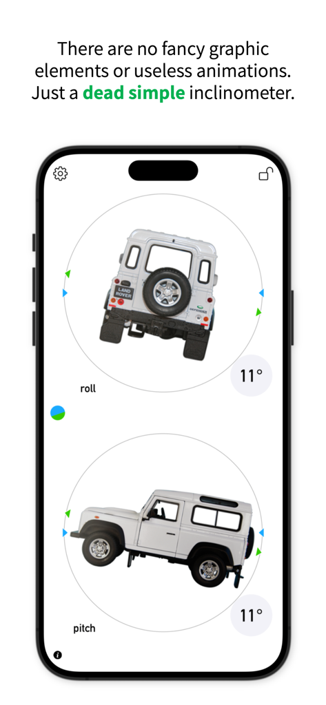 3pLevel - Inclinometer - Pantalla de iPhone que muestra la aplicación de inclinómetro 3pLevel con pantallas de balanceo y cabeceo para un Land Rover Defender