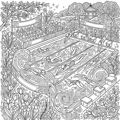 Immerse yourself in the vibrant energy of a spring swimming event with this captivating adult coloring page. Featuring intricate details of athletes in action surrounded by beautiful blossoms, it promises hours of mindful artistic enjoyment.