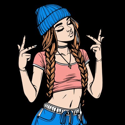 realistic teenage girl with braids and a beanie and crop top doing 🫶🏼